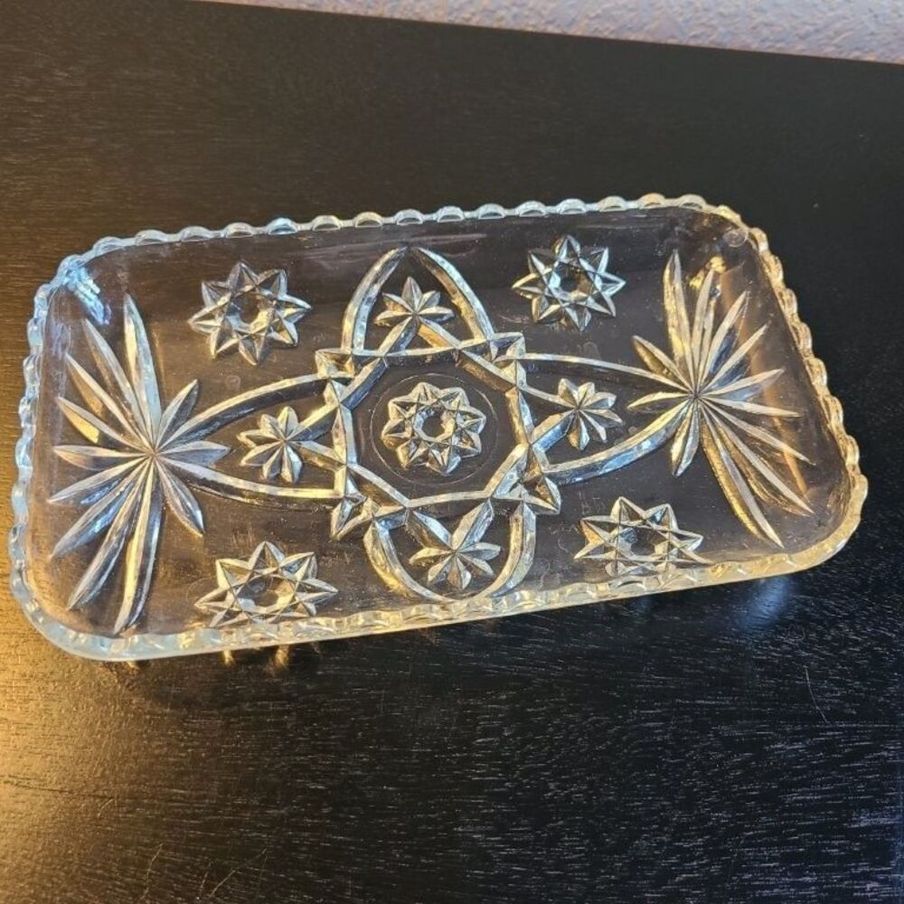 Anchor Hocking EAPC Tray Vintage Clear Pressed Glass Rectangular Star Pattern